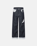 raw indigo polka dot baggy jeans front view