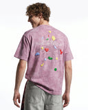 model back view wearing climbing graphic puff print t shirt