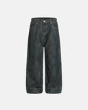 textured bamboo weave denim jeans with adjustable waist