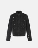 black napoleon-inspired stand collar denim jacket front view