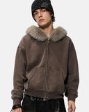Faux Fur Collar Acid Wash Zip Up Hoodies | Inflation Streetwear
