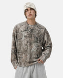 model front view wearing branch camo waffle boxy long sleeve t shirt