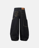 back view of dark raw barrel jeans with leopard pockets