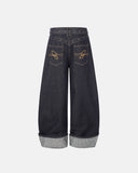 back view of butterfly embroidery wide leg denim jeans