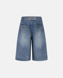 washed baggy denim jorts with adjustable waist tabs and embroidery pockets