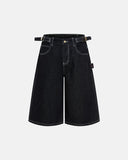 raw denim baggy jorts with adjustable waist tabs and wide-leg fit