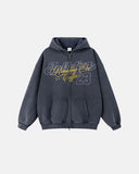 Washed Star Script Graphic Zip Up Hoodie | Inflation Streetwear
