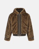 brown faux fur hooded bomber jacket front product view