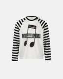 front view of music graphic striped long sleeve t shirt