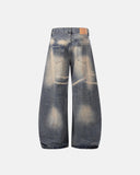 dirty wash barrel jeans back view