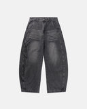 script graphic washed barrel jeans front view