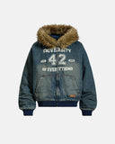 faux fur washed denim hooded jacket front product view