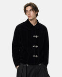 model wearing black boxy suede jacket upper-body front view