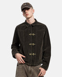 model wearing brown suede clasp jacket upper-body front view