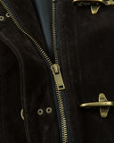 suede jacket zipper and metal clasp construction close-up