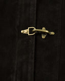 antique metal clasp detail on brown suede jacket