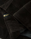 brown suede jacket inner collar and label detail close-up