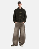model styling brown boxy suede jacket full-body outfit