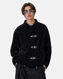 model styling black metal clasp jacket relaxed front view
