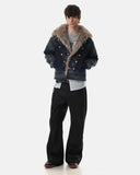 model styling faux fur padded denim jacket full-body view