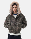 Camo Faux Fur Hooded Bomber Jacket | Inflation Streetwear