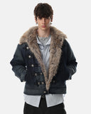 model wearing faux fur padded denim jacket upper-body front view