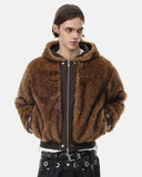model wearing brown faux fur bomber jacket front view