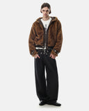 model styling brown hooded bomber jacket full-body front view