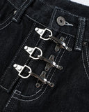 Streetwear denim jorts with metal buckle detail