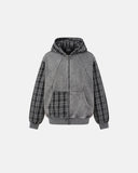 front product view of grey plaid patchwork boxy zip hoodie